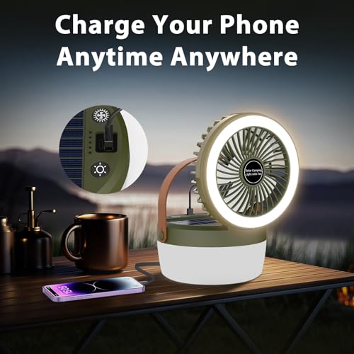 EJYTRVT Solar Camping Fan with LED Light – Rechargeable Portable Fan with 3 Speeds, 4 Lighting Modes, USB & Solar Powered,...