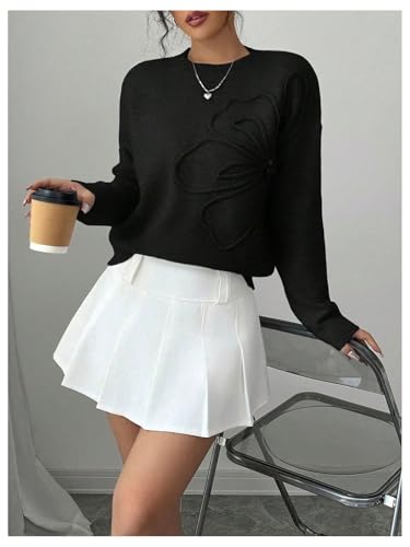 Verdusa Women's Spring 3D Flower Appliques Crewneck Sweaters Long Sleeve Drop Shoulder Pullovers Knit Going Out Tops