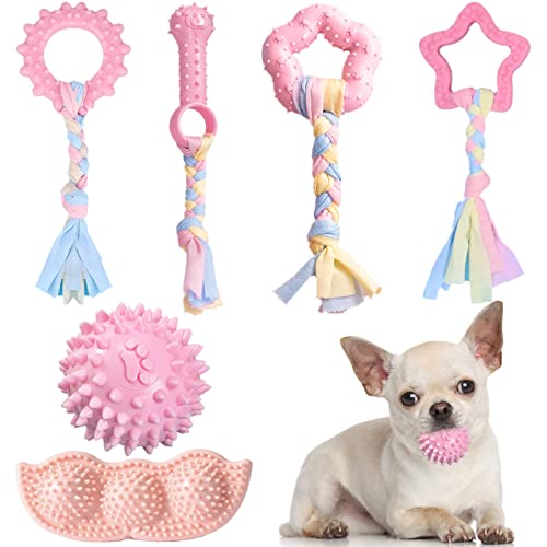 ABRRLO 6 Pack Puppy Teething Toys Cute Pink Puppy Chew Toys for Teething Small Breed Dog Chew Toy Interactive Pet Toy Set ...