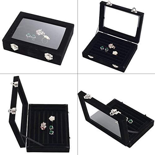 EONGOA Jewelry Box Rings Organizer Tray 7 Slots Velvet Jewelry Earring Storage Box With Transparent Lid Jewelry Display Ca...
