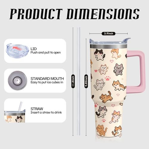 Xchearser Cute Cat Tumbler with Handle and Straw, 40oz Travel Coffee Mug Water Bottle with Lid, Stainless Steel Insulated ...