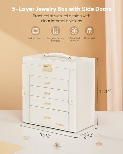 Homde Synthetic Leather Huge Jewelry Box Mirrored Watch Organizer Necklace Ring Earring Storage Lockable Gift Case (White...