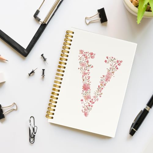 QROZIAR Pink Cute Spiral Notebook Journal, Preppy Floral Initial Letter V Personalized Journaling Notebooks, Monogrammed G...