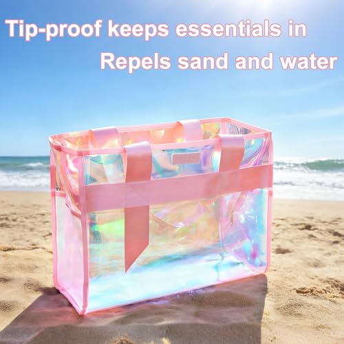 Gryvol 2-Piece 26L Iridescent Beach Bags for Women,Purple Beach Tote Bag & Pink Clear Tote Bag, Large Waterproof Beach Bag...