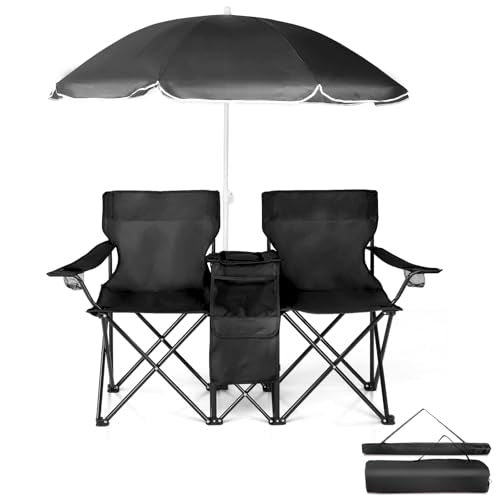 Outvita Folding Double Camping Chair w/Umbrella Beverage Holder Carrying Bag Cooler Fold Up Table, Large Bearing Capacity ...