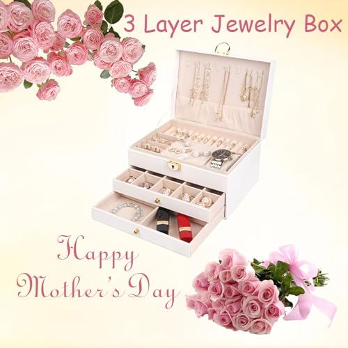 RQQM 3 Layer Jewelry Box Organizer with Drawers, Lockable PU Leather Jewelry Storage Case for Mothrer's Day gifts Necklace...