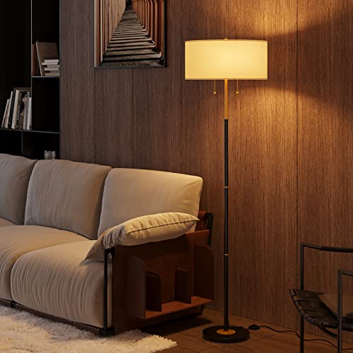 Karjoefar 2-Light Floor Lamp, Mid Century Floor Lamp with White Fabric Shade, Standing Lamp Tall Lamp for Living Room Bedr...