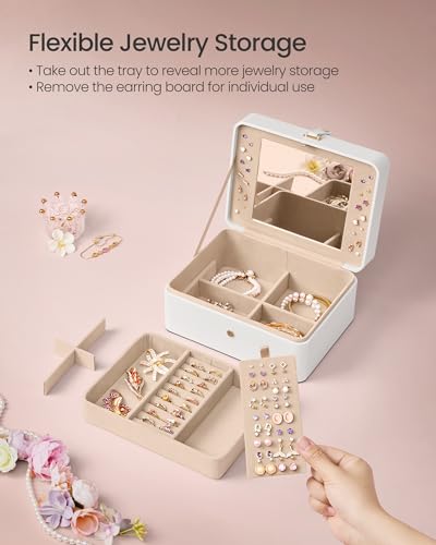 SONGMICS Jewelry Box Organizer with Mirror, 2-Layer Jewelry Holder Case, Removable Tray, 6.9 x 8.7 x 4.3 Inches, Earring N...