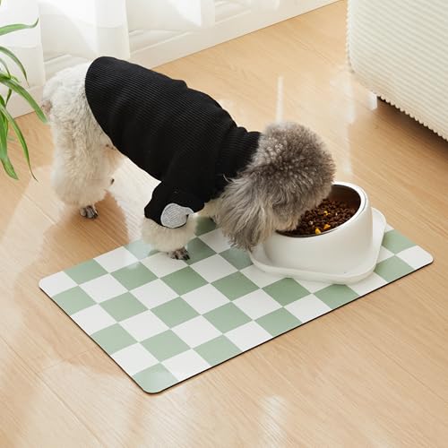 Ralxion Checkered Dog Feeding Mat, Absorbent Mats for Dog Food and Water Bowl, Dispenser, Retro Modern Aesthetic Sage Gree...