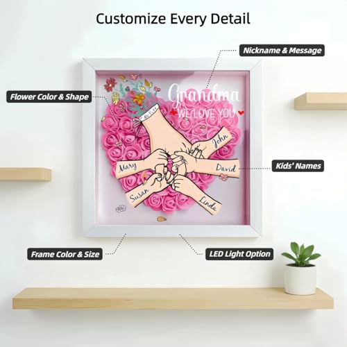 MoonSpy Personalized Flower Shadow Box for Mom Grandma Nana, Custom Family Keepsake with Names, LED Lighted Tabletop or Wa...