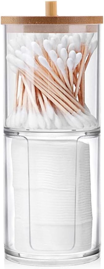 WJASI Qtip Holder Dispenser with Cotton Pads Jar Set Bamboo Lid Stackable Bathroom Counter Acrylic Organizer to Storage Co...