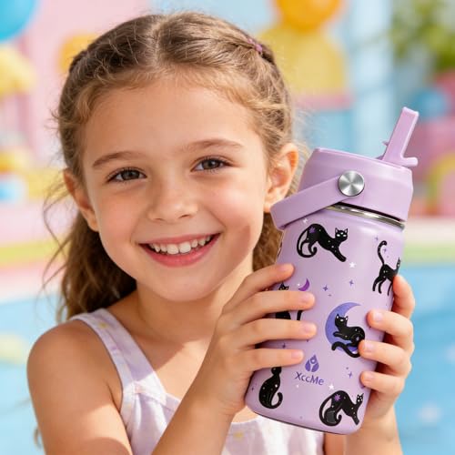 XccMe 14oz Cat Kids Water Bottle With Straw Lid,Stainless Steel Travel Bottle,Double Wall Leak Proof & BPA-FreeKids Cup,In...