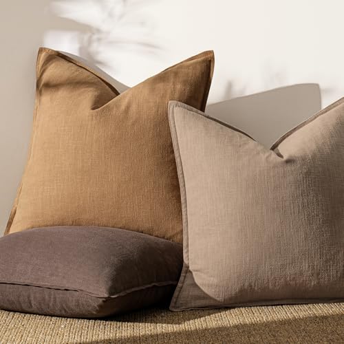 ANRODUO Pack of 2 Decorative Linen Pillow Covers Coco Brown Neutral Farmhouse Boho Soild Cushion Case Soft Accent Pillowca...