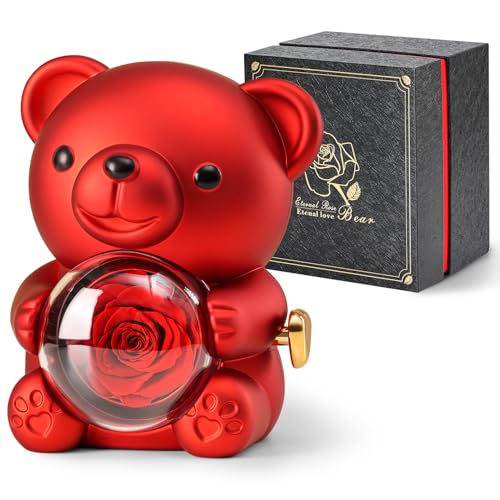 Cute Teddy Bear with Preserved Rose - A Real Rose Flower in Bear with Elegant Gift Box - Romantic Gift for Her in Mother's...