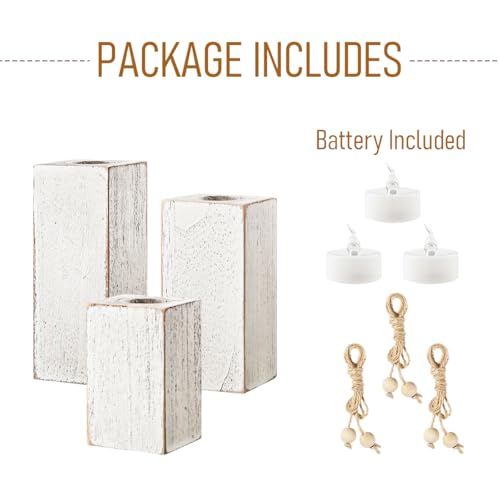 MelonBoat Rustic Flameless LED Candles 3-Pack, Battery Operated Candles with Wooden Candle Holders, White Rustic Farmhouse...