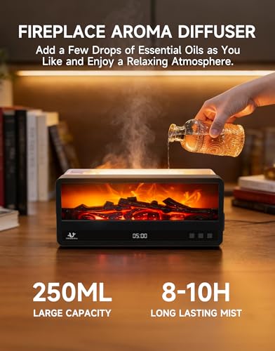 Essential Oil Diffuser, 250ML Aroma Diffuser with Realistic Flame Effect, 7 Color LED Lights, Remote Control, Quiet Mist f...