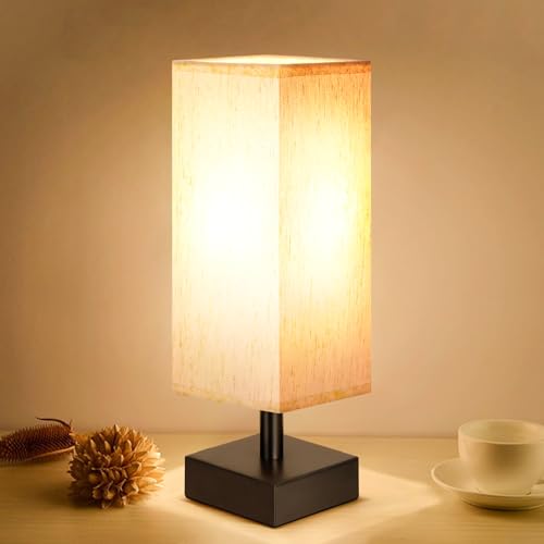 Small Table Lamp for Bedroom - Bedside Lamps for Nightstand, Minimalist Night Stand Light Lamp with Square Fabric Shade, D...