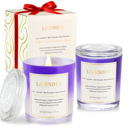 Lavender Candle Gift Set – 2 Pack Wood Wick Soy Wax Scented Candles with Gift Boxes, Long Lasting Relaxing Aromatherapy Ca...