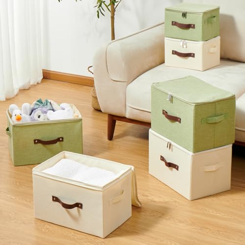 VinneGenzz Storage Bins with Zipper Lid Cotton Linen Fabric Lidded Storage Baskets Boxes Foldable Washable Closet Shelf Cl...