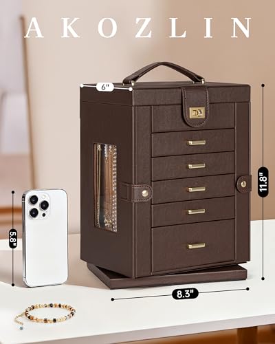 AKOZLIN 360° Rotating Jewelry Box 6-Tier Organizer Functional 360° Rotating Jewelry Storage Case for Women Girls Ring Neck...