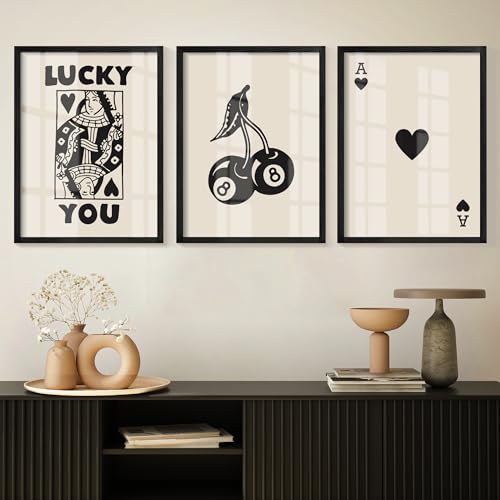 Heiple Framed Set of 3 Poker Wall Art Lucky You Poster, Trendy Retro Print Wall Decor for Queen of Hearts Wall Art Rustic ...