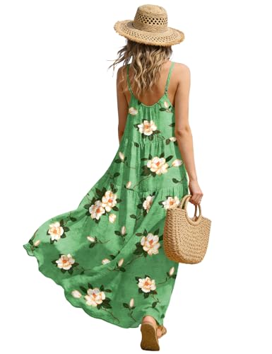 YESNO Summer Bohemian Floral Dresses for Women Spaghetti Straps Maxi Dress Casual Flowy Dresses with Pockets ES0