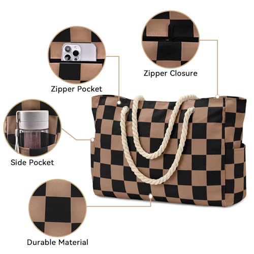 Becokan Beach Bags for Women Checkered Large Beach Tote Bag Zipper Beach Bags Waterproof Sandproof Canvas Swim Pool Bag
