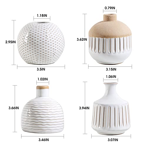LIZOFER Boho Minimalist Small Ceramic Vase Set of 4 for Bedroom Living Room Office Fireplace Centerpiece Antique White Vin...