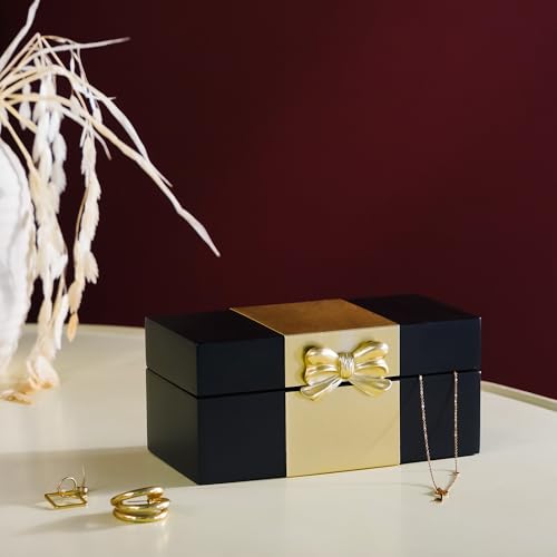Synovana Wooden Keepsake Box - Black & Gold Boxes with Bow Accent, Decorative Storage Gift Box for Jewelry Love Letters Ph...