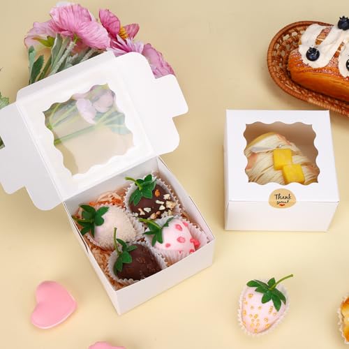 Moretoes 50pcs White Cookie Boxes with Window, 4x4x2.5 Inches Bakery Boxes with 5pcs Stickers for Small Cookies, Treats, D...