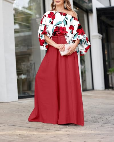 CHICME Women Summer 2 Piece Outfits Off Shoulder Top Flowy Wide Leg Pants Set Vacation Travel Airport Outfits