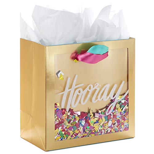 Hallmark Signature 7" Medium Gift Bag with Tissue Paper (Hooray; Gold with Pink, Teal, Purple Confetti) for Bridal Shower...