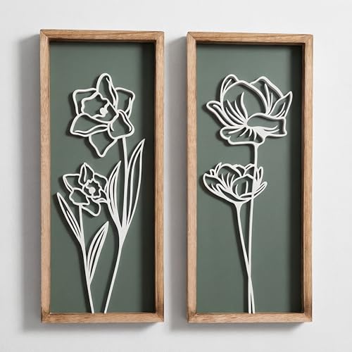3D Floral Green Wall Art (Set of 2) Lightweight, Wooden Ready-to-Hang Boho Framed Wall Art for Bathroom, Bedroom, Living R...