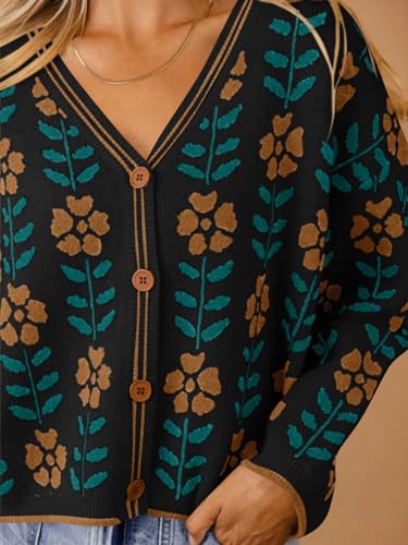 Saodimallsu Womens Floral Print V Neck Cardigan Open Front Button Down Knit Sweater Long Sleeve Loose Fashion Tops