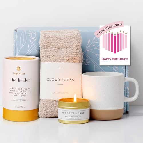 Unboxme Deluxe Birthday Care Package for Women - Fluffy Socks, Mug, Lemon & Ginger Tea Set, Scented Candle & Greeting Card...