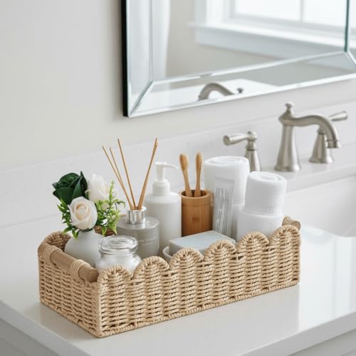 CubesLand Scalloped Edge Toilet Paper Storage Basket, Living Room Home Cozy Decor Basket, Paper Rope Small Baskets for Ove...