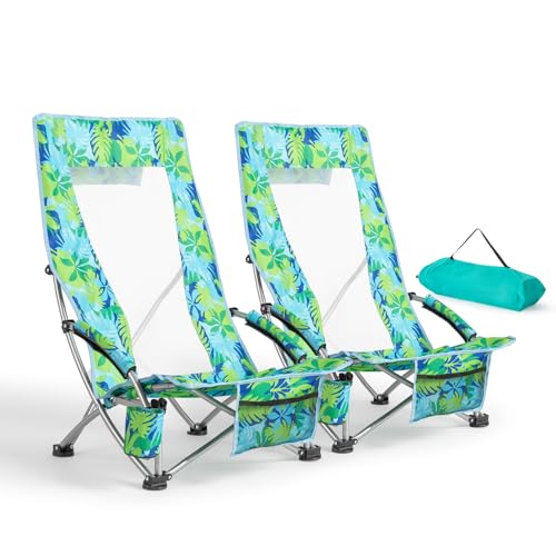 VINGLI Low Beach Chairs, High Back Chairs with Carry Bag，Foldable Portable Backpack Beach Chair for Camping Picnic LAN-2 Pack