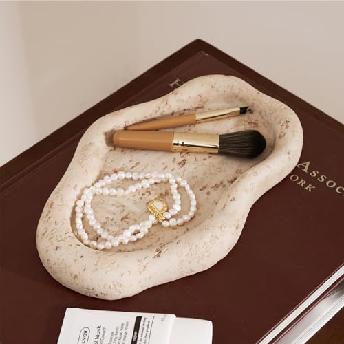 Cloud-Shaped Resin Jewelry Tray, Beige Travertine Vanity Tray for Bathroom Countertop, Trinket Candle Dish, Perfume Holde...