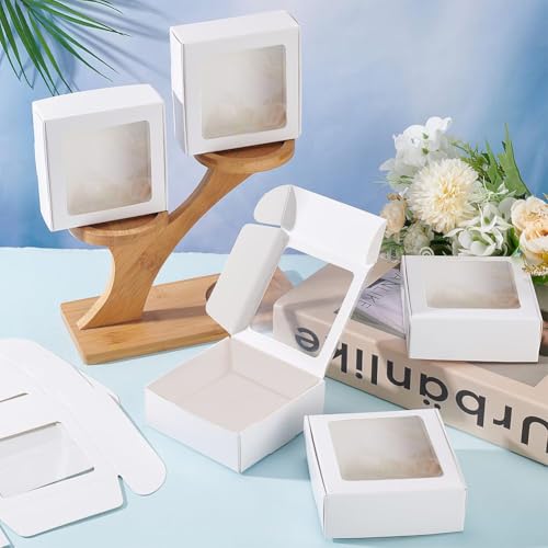 BENECREAT 20 Pack White Kraft Paper Boxes with Clear Window 3.6x3.6x1.4 Gift Packaging Boxes for Bakery Cookies Cake Candy...