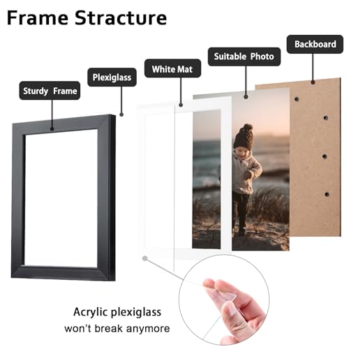 KINLINK 5x7 Picture Frame Black Set of 4, Wooden Photo Frames Matted 4x6 with Plexiglass for 4x6 with Mat or 5x7 without M...