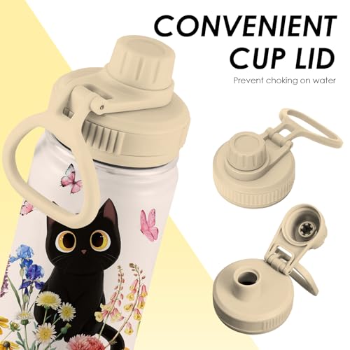 Gift for Cat Lovers - 34oz Black Cat Water Bottle for Girls, Cats Flower Tumbler with Lid, Leak-Proof, Double Wall Travel ...