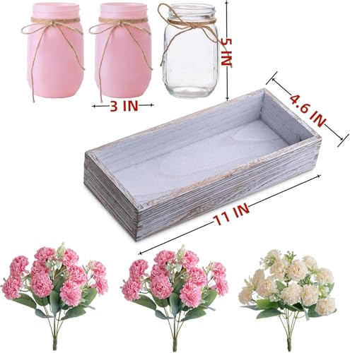 LUEUR 3PCS Artificial Hydrangea Flowers in Mason Jars with Wood Tray for Dining Table Coffee Table Farmhouse Home Decor Ce...