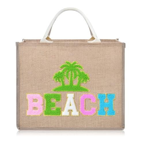 KUIRAN Beach Bag for Women Large Woven Straw Bag with Chenille Letter Patches and Water-resistant Lining, 20L Tote Handbag