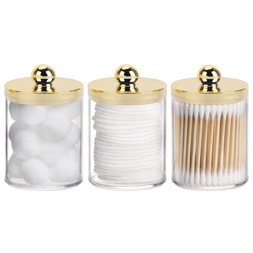 Tbestmax 10oz Qtips Holder - Plastic Apothecary Jar with Gold Lids for Cotton Swab, Cotton Round Pads, Floss - Gold