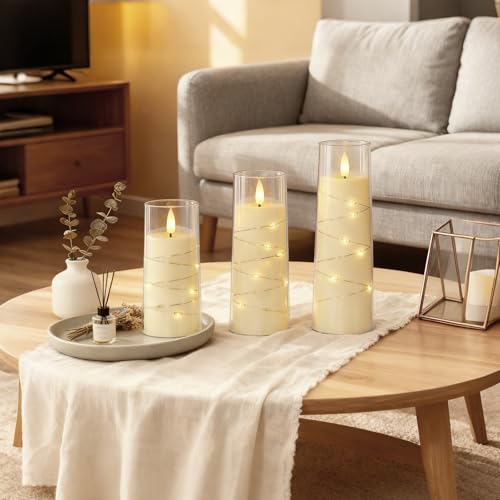 Raycare Flameless Candle with Remote Timer – 9 Flickering Acrylic Battery Operated LED Pillar Candles with Embedded Star S...