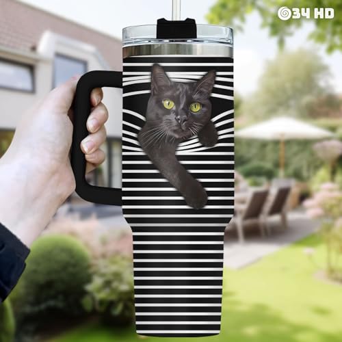 34HD Cute Black Cat Tumbler 40oz with Handle and Straw, Striped Peeking Cat Stainless Steel Vacuum Insulated Travel Coffee...