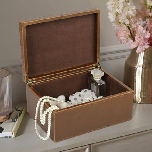 HofferRuffer Faux Leather Decorative Box, Large Wooden Structure Keepsake Box Accessory Organizer Jewelry Organizer with H...