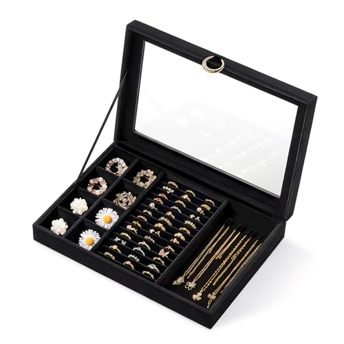 bussdis Glass Lid Jewelry Organizer Box – Black Velvet Jewelry Case with Ring Slots, Necklace Hooks & Removable Compartmen...