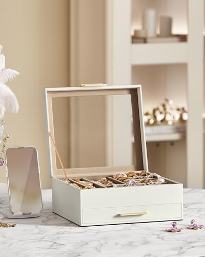 SONGMICS GISELLA Collection - Jewelry Box Organizer, 2-Layer Jewelry Storage with 1 Drawer, Shiny Metal Hardware, Glass Li...