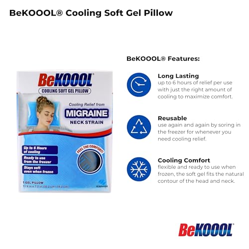 BeKOOOL Cooling Soft Gel Pillow - Reusable Cooling Relief from Migraines, Neck Strain and Fever - Up to 6 Hours of Coolin...